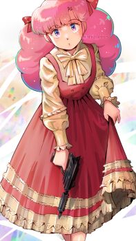 Rule 34 | 1girl, :o, big hair, bow, commentary request, dress, eyelashes, frilled dress, frilled sleeves, frills, gun, hair bow, holding, holding gun, holding weapon, long hair, long sleeves, looking at viewer, miz mus, multicolored eyes, pinafore dress, pink hair, ran (urusei yatsura), red bow, red dress, shirt, shirt under dress, skirt hold, sleeveless, sleeveless dress, solo, twitter username, urusei yatsura, weapon
