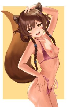 1girl animal_ears bikini braid breasts breasts_out brown_eyes brown_hair commentary commission english_commentary flat_chest meruru1247 nail_polish nipples otter_ears otter_girl pink_bikini side-tie_bikini_bottom solo swimsuit tagme tail virtual_youtuber yukaa_(vtuber)