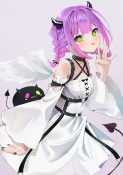 1girl absurdres angel_wings bibi_(tokoyami_towa) black_bow black_choker black_nails black_straps blunt_bangs bow braid choker commentary_request cowboy_shot demon_girl demon_horns demon_tail dress green_eyes hair_bow hand_up highres hololive horns long_sleeves looking_at_viewer off-shoulder_dress off_shoulder partial_commentary purple_hair sidelocks simple_background tail tokoyami_towa tongue tongue_out virtual_youtuber white_dress wings yuuyu_(moco20111115)