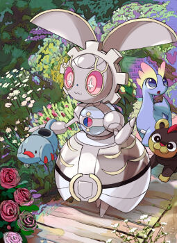 :3 :o amaura black_eyes blue_eyes commentary creature english_commentary flower forest gen_2_pokemon gen_6_pokemon gen_7_pokemon hijirino_yuuta legendary_pokemon litleo magearna magearna_(normal) mythical_pokemon nature nintendo no_humans phanpy pink_eyes pokemon pokemon_(creature) rose themed_object walking