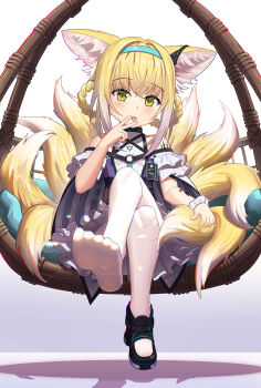 1girl absurdres animal_ear_fluff animal_ears arknights bare_shoulders blonde_hair blue_hairband braid braided_hair_rings chinese_commentary commentary_request crossed_legs feet foot_focus fox_ears fox_girl fox_tail green_eyes hair_rings hairband highres infection_monitor_(arknights) kitsune kyuubi looking_at_viewer material_growth multicolored_hair multiple_tails no_shoes oripathy_lesion_(arknights) pantyhose ruqbimo1 shoes single_shoe sitting soles solo streaked_hair suzuran_(arknights) tail tongue white_hair white_pantyhose