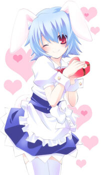 10s 1girl animal_ears bad_id bad_pixiv_id blue_hair bow bunny_(trickster) female_focus heart lowres maid moru one_eye_closed rabbit_ears rabbit_tail red_eyes solo tail thighhighs trickster_(ntreev_soft) wink zettai_ryouiki