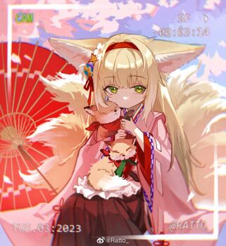 1girl animal animal_ears animal_on_lap arknights artist_name asamayuki_ra blonde_hair brown_hakama commentary_request dated deformed fake_screenshot flower fox fox_ears fox_girl fox_tail green_eyes hair_flower hair_ornament hairband hakama highres holding holding_animal japanese_clothes kimono kitsune kyuubi long_hair multiple_tails oil-paper_umbrella on_lap red_hairband red_umbrella sitting solo suzuran_(arknights) suzuran_(yukibare)_(arknights) tail umbrella viewfinder watermark weibo_watermark wide_sleeves