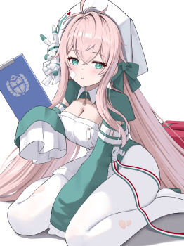 1girl absurdres ahoge azur_lane bandaid bandaid_on_face breasts cleavage clipboard commentary crossed_bangs dress green_dress green_eyes green_leotard green_shrug hair_between_eyes hat high_heels highres holding holding_clipboard leotard long_hair looking_at_viewer medium_breasts nurse_cap pantyhose pink_hair sardegna_empire_(emblem) shoes shrug_(clothing) sitting sleeves_past_fingers sleeves_past_wrists solo stuffed_animal stuffed_rabbit stuffed_toy torn_clothes torn_pantyhose twintails ugolino_vivaldi_(azur_lane) wariza white_background white_pantyhose yiray_(112170063)