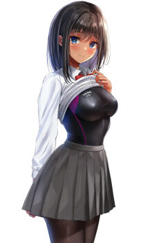 1girl arm_behind_back black_hair black_one-piece_swimsuit black_pantyhose blue_eyes bow bowtie breasts clothes_lift commentary_request grey_skirt highres long_hair looking_at_viewer one-piece_swimsuit original pantyhose pleated_skirt red_bow red_bowtie shirt shirt_lift simple_background skirt solo swimsuit white_background white_shirt yukemuriganmo