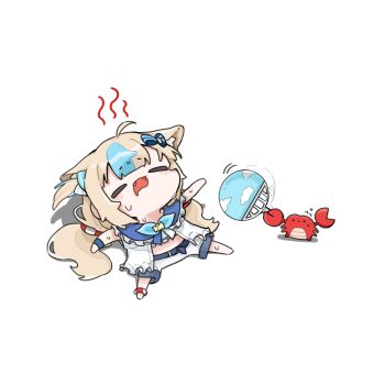 1girl afterimage ahoge animal_ears bow chibi chibi_only closed_eyes commentary_request crab drooling fang fanning flying_sweatdrops from_above from_side hair_bow hair_ornament hand_fan highres holding holding_fan hot ilgong indie_virtual_youtuber kaniki_(sameko_saba) long_hair mouth_drool multicolored_hair neck_ribbon open_mouth ribbon sameko_saba simple_background solo streaked_hair sweat twintails virtual_youtuber white_background wristband