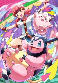 1girl :d breasts clefairy commentary_request gen_1_pokemon gen_2_pokemon hair_ornament hairclip highres jacket long_hair miltank nintendo open_mouth pink_eyes pink_hair pokemon pokemon_(creature) pokemon_hgss rainys_bill short_shorts short_sleeves shorts smile tongue twintails white_jacket whitney_(pokemon)