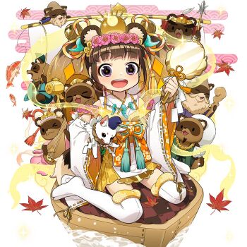1girl animal_ears bare_shoulders black_eyes brown_hair commentary_request detached_sleeves fake_animal_ears flower hair_flower hair_ornament holding holding_mirror japanese_clothes jewelry komainu magatama magatama_necklace mirror necklace open_mouth raccoon_ears raccoon_girl raccoon_tail short_hair sitting tabi tail tanuki tanuko thighhighs twintails uchako uchi_no_hime-sama_ga_ichiban_kawaii wariza white_thighhighs