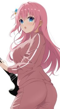 1girl :o ass awaco_ruku blush bocchi_the_rock! breasts cube_hair_ornament electric_guitar eyes_visible_through_hair flat_ass gibson_les_paul gotoh_hitori guitar hair_between_eyes hair_ornament highres holding holding_guitar holding_instrument instrument jacket large_breasts long_hair long_sleeves looking_at_viewer open_mouth pants pants_under_skirt pink_hair pink_jacket pink_pants pink_track_suit side_ahoge sidelocks simple_background solo track_jacket track_pants track_suit white_background