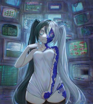 1girl @_@ absurdres blue_eyes breasts closed_mouth clothes_tug commentary commission corruption cowboy_shot crt double-parted_bangs english_commentary finger_to_mouth green_hair hair_between_eyes hair_ornament hairclip highres long_hair looking_at_viewer mdm4 missing_eye multicolored_hair one-eyed original parallel_hairclips shirt_tug small_breasts smile solo split-color_hair tank_top television twintails two-tone_hair white_hair white_tank_top