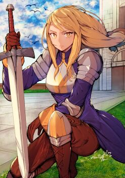 1girl agrias_oaks armor bird blonde_hair blue_dress blue_sky boots braid breastplate brown_boots brown_gloves brown_hair brown_pants building chienon cloud dress final_fantasy final_fantasy_tactics gloves grass highres holding holding_sword holding_weapon knee_pads long_hair looking_at_viewer pants shoulder_pads signature sky solo sword tiles weapon