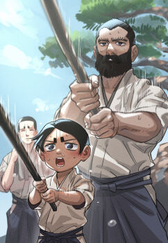 3boys absurdres aged_down beard_over_mouth black_eyes black_hair blue_sky blush cloud commentary_request dark-skinned_male dark_skin golden_kamuy highres koito_heiji koito_otonoshin long_sleeves looking_at_viewer male_focus mature_male multiple_boys outdoors short_hair sky sweat tobo_katsuo training tree very_sweaty
