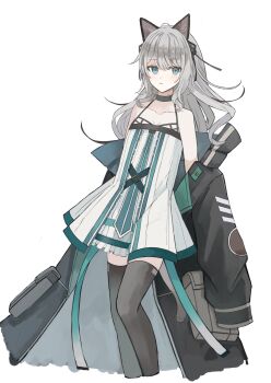 1girl animal_ears arknights bare_shoulders black_coat black_thighhighs breasts coat collarbone commentary cropped_legs dress frills grey_dress grey_hair halter_dress halterneck highres infection_monitor_(arknights) light_blush long_hair looking_at_viewer mint_(arknights) off_shoulder parted_lips simple_background small_breasts solo standing thighhighs udo_(akn_otk) white_background