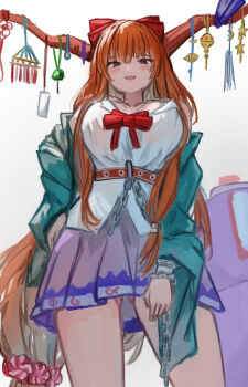 1girl absurdres aged_up blue_jacket blush blush_stickers bow bowtie breasts chain cleavage cowboy_shot cuffs gourd hair_ornament hair_ribbon hair_scrunchie hair_tie hand_on_own_hip highres horn_ornament horns ibuki_suika jacket large_breasts long_hair looking_at_viewer oni orange_hair pleated_skirt purple_skirt red_bow red_bowtie red_ribbon ribbon scrunchie shackles shirt skirt smile star_ornament touhou touhou_lostword unworn_jacket vanilla_flan very_long_hair white_background white_shirt