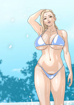 1girl bikini blonde_hair breasts brown_eyes collarbone commentary_request cowboy_shot facial_mark female_pubic_hair forehead_mark hair_pulled_back highres huge_breasts naruto_(series) navel pubic_hair pubic_hair_peek saburo_des solo swimsuit tsunade_(naruto) underboob white_bikini