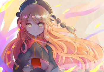 1girl black_dress black_hat blonde_hair closed_mouth commentary_request dalachi_(headdress) dress hat junko_(touhou) kazu_(muchuukai) long_hair looking_at_viewer neck_ribbon one-hour_drawing_challenge pom_pom_(clothes) red_tabard ribbon smile tabard touhou very_long_hair wide_sleeves yellow_eyes yellow_ribbon