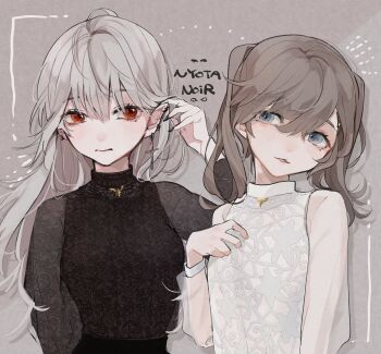 2girls absurdres blue_eyes brown_background brown_hair cross cross_earrings ear_piercing earrings genderswap genderswap_(mtf) grey_hair hashtag-only_commentary highres jewelry kanae_(nijisanji) long_hair long_sleeves looking_at_another looking_at_viewer medium_hair mole mole_under_eye multiple_girls nijisanji piercing pointy_ears red_eyes sanya_(kuzuha) see-through_clothes see-through_sleeves simple_background single_earring soramomo twintails upper_body virtual_youtuber