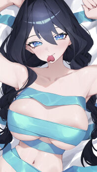 Rule 34 | 1girl, absurdres, armpits, bed sheet, blue eyes, blue hair, braid, breasts, candy, chocolate, chocolate heart, commentary, double-parted bangs, english commentary, food, food in mouth, hair between eyes, hair intakes, heart, heart-shaped food, highres, hololive, hololive english, large breasts, long hair, looking at viewer, low twin braids, lying, mouth hold, naked ribbon, navel, official alternate hairstyle, on back, ouro kronii, paid reward available, ribbon, solo, stomach, twin braids, upper body, virtual youtuber, yoellim5