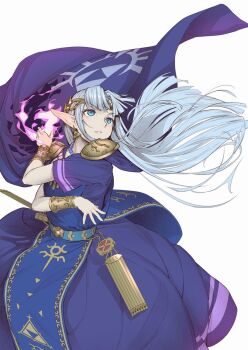 1girl alternate_color armor belt blue_belt blue_dress blue_eyes bracer circlet commentary_request dress grey_hair highres long_hair magic nintendo oki_(koi0koi) parted_lips pointy_ears princess_zelda purple_dress short_sleeves shoulder_armor simple_background solo super_smash_bros. the_legend_of_zelda the_legend_of_zelda:_a_link_between_worlds triforce triforce_print white_background