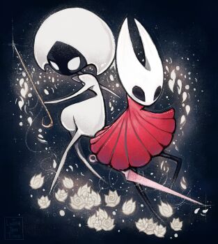 2girls arthropod_girl back-to-back black_background blank_eyes bodysuit cloak commentary english_commentary floral_background flower full_body glowing hat highres holding holding_weapon hollow_eyes hollow_knight hollow_knight:_silksong horned_mask hornet_(hollow_knight) juliet_sleeves lace_(hollow_knight) linterteatime long_sleeves looking_at_viewer mask multiple_girls needle_(hollow_knight) no_mouth pin_(hollow_knight) puffy_sleeves red_cloak rose simple_background standing standing_on_one_leg weapon white_bodysuit white_flower white_hat white_mask white_rose