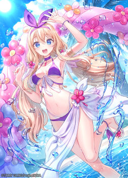 1girl 90kyuuri arm_up bikini blue_eyes blue_sky breasts cleavage cloud copyright_notice highres holding holding_swim_ring innertube long_hair looking_at_viewer medium_breasts navel official_art open_mouth palm_tree purple_bikini remember_(wixoss) sandals sidelocks sky smile solo swim_ring swimsuit teeth tree twintails upper_teeth_only very_long_hair water white_sandals wixoss
