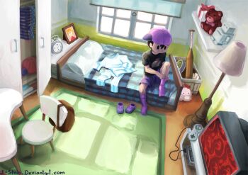 1boy alarm_clock alternate_color ball baseball_(object) baseball_bat bed chair clock commentary crt curtains doseisan dressing english_commentary full_body game_console gift giygas j-stein lamp male_focus mother_(series) mother_2 ness&#039;s_mother ness_(mother_2) nintendo player_2 purple_socks rug shirt short_sleeves sideways_hat signature socks solid_oval_eyes striped_clothes striped_shirt stuffed_animal stuffed_toy super_nintendo super_nintendo_controller super_smash_bros. table teddy_bear unworn_shirt window yo-yo