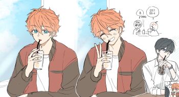 Rule 34 | 2boys, akehoshi subaru, arm on table, black hair, blue eyes, closed mouth, commentary, cup, drinking straw, drinking straw in mouth, ensemble stars!, grin, hidaka hokuto, highres, holding, holding cup, jacket, kkongtrs, korean commentary, korean text, long sleeves, looking at viewer, male focus, multicolored jacket, multiple boys, multiple views, open clothes, open jacket, orange hair, shirt, sketch, smile, speech bubble, two-tone jacket, upper body, v, white shirt