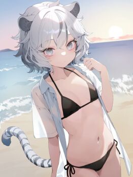Rule 34 | 1girl, animal ears, beach, bikini, bikini under clothes, black bikini, breasts, commentary, expressionless, grey eyes, grey hair, hand up, looking at viewer, multicolored hair, navel, ocean, open clothes, open shirt, original, outdoors, re re merry, see-through clothes, see-through shirt, shirt, short hair, short sleeves, small breasts, stomach, striped tail, sun, swimsuit, tail, tiger ears, tiger girl, tiger tail, twilight, two-tone hair, white hair, white shirt