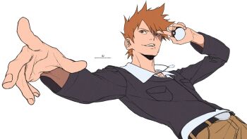 Rule 34 | 1boy, 55oshimechan, belt, belt buckle, black belt, blue oak, brown eyes, brown hair, brown pants, buckle, collared shirt, commentary request, highres, holding, holding poke ball, jacket, male focus, nintendo, open mouth, pants, poke ball, poke ball (basic), pokemon, pokemon hgss, shirt, short hair, solo, spiked hair, twitter username, white background, white shirt