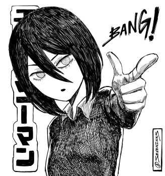 1girl chainsaw_man collared_dress commentary copyright_name crosshatching dress expressionless finger_gun hair_between_eyes hatching_(texture) highres medium_hair mole mole_under_eye monochrome nayuta_(chainsaw_man) open_mouth seveninks solo twitter_username upper_body