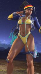 1girl abs alternate_costume animated aqua_hair ass audible_music bikini black_hair bouncing_ass bouncing_breasts braid breasts curvy dark-skinned_female dark_skin dreadlocks fighting_stance highleg highleg_bikini highres huge_ass jumping kimberly_jackson long_hair looking_ahead looking_at_viewer multicolored_hair multiple_views nipples official_alternate_costume ryona shiny_skin simple_background smile solo sound standing street_fighter street_fighter_6 swimsuit thong thong_bikini turnaround video wide_hips yellow_bikini