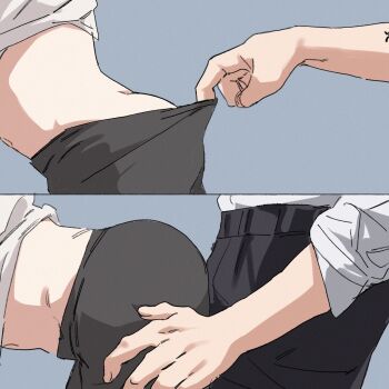 1boy 1girl arm_tattoo bent_over black_pants clothes_lift clothes_pull from_side grey_background grey_shirt highres montes4352 navel original pants pants_pull shirt shirt_lift shirt_tucked_in simple_background tattoo