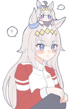 2girls absurdres ahoge amai_omoyu animal_ears blue_eyes blush bow chibi closed_mouth ear_bow ear_ornament grey_hair hair_between_eyes hair_ornament hairband highres horse_ears horse_girl jacket long_hair long_sleeves multicolored_hair multiple_girls oguri_cap_(umamusume) pants red_jacket red_track_suit shirt simple_background tracen_training_uniform track_jacket track_pants track_suit umamusume white_background