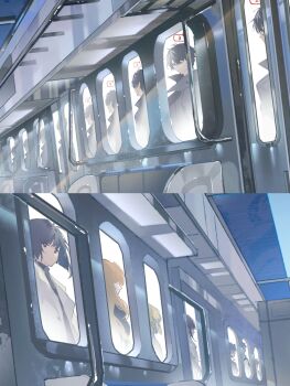 5girls 6+boys black_coat black_eyes black_shirt blonde_hair bob_cut coat commentary day english_commentary everyone han_sooyoung highres jung_heewon lee_gilyoung lee_hyunsung lee_jihye light_rays looking_at_viewer looking_back multiple_boys multiple_girls multiple_persona multiple_views nicayuko omniscient_reader's_viewpoint open_clothes open_coat popped_collar pov scenery shin_yoosung shirt short_hair split_screen train_interior upper_body white_coat window yoo_joonghyuk yoo_sangah