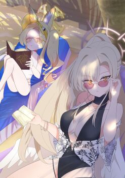 2girls absurdres animal_ear_fluff black_one-piece_swimsuit blonde_hair blue_archive book breasts brown_hair cleavage closed_mouth collarbone commentary_request feathered_wings feet_out_of_frame hair_between_eyes halo highres holding holding_book large_breasts long_hair looking_at_viewer multiple_girls nagisa_(blue_archive) nagisa_(swimsuit)_(blue_archive) official_alternate_costume official_alternate_hairstyle one-piece_swimsuit orange_eyes parted_lips pink_halo plasticboy47174 seia_(blue_archive) seia_(swimsuit)_(blue_archive) sunglasses swimsuit tea_party_(blue_archive) very_long_hair white_one-piece_swimsuit white_wings wings yellow_halo