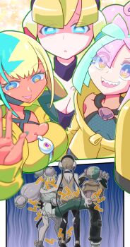 3girls aqua_hair aqua_pants baggy_pants bandeau black_choker black_mask black_pants black_pantyhose blonde_hair blue_eyes blue_hair blunt_bangs bow-shaped_hair breasts canari_(pokemon) center-flap_bangs character_hair_ornament choker cleavage collarbone commentary_request criss-cross_halter criss-cross_straps cropped_jacket dark-skinned_female dark_skin dogudenki dress elesa_(pokemon) fake_hair_bun gen_1_pokemon gradient_eyes grey_pantyhose hair_ornament half-closed_eyes halter_shirt halterneck headphones hexagon_print highres iono_(pokemon) jacket kicking large_breasts leg_up long_hair looking_at_viewer low_neckline magnemite mask mask_pull median_furrow medium_breasts mega_stone midriff mouth_mask multicolored_eyes multicolored_hair multiple_girls multiple_views nintendo open_mouth oversized_clothes pants pantyhose pinching pink_hair pokemon pokemon_bw pokemon_legends:_z-a pokemon_sv raised_eyebrows shaded_face sharp_teeth short_dress short_hair short_twintails shoulder_blades single_leg_pantyhose sleeveless sleeveless_dress sleeves_past_fingers sleeves_past_wrists smile split-color_clothes split-color_hair teeth trait_connection twintails two-tone_mask two-tone_pants x_(symbol) yellow_bandeau yellow_dress yellow_jacket yellow_mask zipper_pull_tab