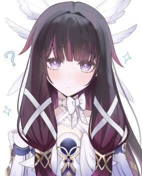 1girl ? black_hair blush bow bright_pupils closed_mouth columbina_(genshin_impact) commentary_request dress genshin_impact hair_ribbon head_wings highres long_hair looking_at_viewer multicolored_hair onemuikun-b purple_eyes purple_hair ribbon simple_background solo two-tone_hair upper_body white_background white_bow white_dress white_pupils white_ribbon white_wings wings