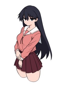 1girl 64vii azumanga_daiou black_eyes black_hair blush breasts closed_mouth commentary cowboy_shot cropped_legs english_commentary hair_between_eyes highres long_hair long_sleeves looking_at_viewer looking_to_the_side medium_breasts pink_serafuku pleated_skirt red_skirt sailor_collar sakaki_(azumanga_daioh) school_uniform serafuku simple_background skirt solo standing thick_thighs thighs very_long_hair white_background