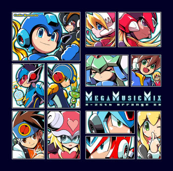 3girls 6+boys album_cover armor assault_visor bass_(mega_man) black_armor black_eyes black_helmet blonde_hair blue-tinted_eyewear blue_bodysuit blue_eyes blue_helmet blue_jacket blush_stickers bodysuit brown_hair ciel_(mega_man) close-up closed_eyes commentary_request cover facial_mark forehead_jewel forehead_mark geo_stelar_(mega_man) girouette_(mega_man) green_eyes green_hair harp_note_(mega_man) helmet hi-go! in-franchise_crossover jacket lan_hikari_(mega_man) long_hair mega_man_(character) mega_man_(classic) mega_man_(series) mega_man_battle_network_(series) mega_man_star_force_(series) mega_man_x_(series) mega_man_zero_(series) mega_man_zx megaman.exe mr._prog_(mega_man) multiple_boys multiple_girls pandora_(mega_man) pink_helmet profile red-tinted_eyewear red_eyes red_helmet red_jacket roll_(mega_man) short_hair star_force_mega_man tinted_eyewear vent_(mega_man) white_helmet x_(mega_man) zero(z)_(mega_man) zero_(mega_man)