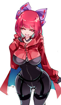 1girl :p black_bodysuit bodysuit bow breasts cape commentary highres large_breasts piercing purple_bow raptor7 red_cape red_hair sekibanki short_hair simple_background solo symbol-only_commentary tongue tongue_out tongue_piercing touhou white_background