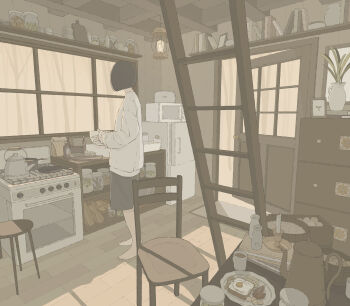 1girl bag barefoot bob_cut bowl bread bread_slice brown_thighhighs candle candlestand ceiling chair chinese_commentary coffee_mug commentary_request cooking_pot cup doorknob food fried_egg fried_egg_on_toast frying_pan full_body glass_bottle glass_jar hanging_light highres holding holding_bowl indoors kettle kitchen ladder long_sleeves ma_(mamamauuuuu) microwave monochrome mug open_door original oven paper_bag picture_frame pitcher_(container) plate refrigerator shelf short_hair shorts solo standing stove sweater thighhighs toast vase window window_shadow wooden_chair wooden_floor wooden_stool