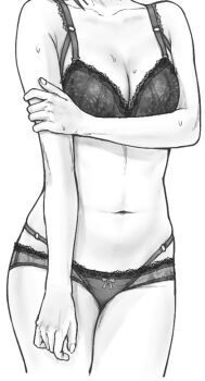 0zwn1 1girl arm_at_side bow bow_panties bra breasts cleavage commentary_request cowboy_shot greyscale hand_on_own_elbow hand_up head_out_of_frame korean_commentary large_breasts monochrome multi-strapped_panties navel original panties solo standing stomach sweat underwear underwear_only