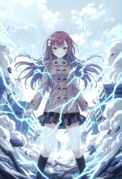 1girl academy_city alternate_hair_length alternate_hairstyle artist_name black_socks brown_coat brown_eyes brown_hair building city cloud cloudy_sky coat debris destruction duffel_coat dust dust_cloud electricity electrokinesis eritri gekota gekota_(character) grey_sky hair_ornament hairpin highres kneehighs long_hair long_sleeves looking_at_viewer miniskirt misaka_mikoto outdoors plaid_clothes plaid_skirt rubble school_uniform skirt sky socks solo toaru_majutsu_no_index toaru_majutsu_no_index:_new_testament tokiwadai_school_uniform winter_uniform