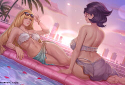 2girls ass big_hair bikini black-framed_eyewear blonde_hair breasts building cloud exlic eyewear_on_head glasses green_eyes green_sarong hair_over_one_eye inflatable_raft large_breasts long_hair lusamine_(pokemon) lying mature_female medium_breasts multiple_girls navel nintendo o-ring o-ring_bikini o-ring_top on_side outdoors palm_tree pokemon pokemon_sm pool purple_bikini purple_hair purple_sarong red-framed_eyewear sarong sitting skyscraper smile sunglasses swimsuit tree very_long_hair white_bikini wicke_(pokemon) yokozuwari