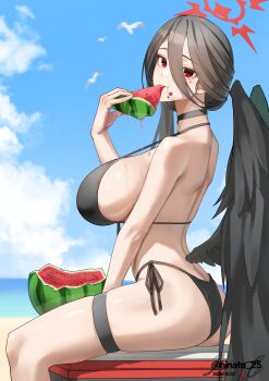 1girl absurdres angel bikini bird black_bikini black_choker black_hair black_wings blue_archive blurry blurry_background breasts chewing choker cloud commentary_request cooler crumbs dated eating feathered_wings food front-tie_bikini_top front-tie_top fruit hair_between_eyes halo hasumi_(blue_archive) hasumi_(swimsuit)_(blue_archive) highleg highleg_bikini highres hinato_(hinato_25) holding holding_food holding_fruit huge_breasts long_hair_between_eyes loosely_tucked_bangs low_wings mole mole_under_eye official_alternate_costume official_alternate_hairstyle outdoors oversized_wings red_eyes red_halo sand sideboob sky solo strap_gap swimsuit thigh_strap twitter_username water watermelon watermelon_slice wings