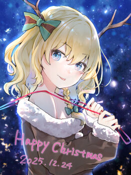 1girl alternate_costume animal_costume antlers blonde_hair blue_eyes bow braid christmas commentary_request dated dress fur-trimmed_dress fur-trimmed_sleeves fur_trim green_bow hair_bow highres horns kirisame_marisa long_hair long_sleeves looking_at_viewer merry_christmas minatsuki_yurara purple_nails reindeer_antlers reindeer_costume side_braid single_braid solo touhou