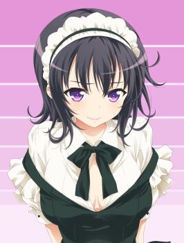1girl black_hair boku_wa_tomodachi_ga_sukunai breasts cleavage closed_mouth clothes_pull dress dress_pull frilled_shirt frills green_dress green_ribbon highres looking_at_viewer maid_headdress medium_breasts medium_hair mikazuki_yozora neck_ribbon official_art partially_unbuttoned purple_eyes ribbon shirt solo unbuttoned unbuttoned_shirt upper_body watanabe_yoshihiro white_shirt