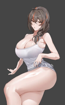 1girl absurdres alternate_costume alternate_hairstyle artist_name bare_arms bare_shoulders black_hair blush breasts brown_eyes camisole collarbone commentary cowboy_shot dated_commentary grey_background grey_shorts hair_between_eyes hair_over_shoulder hand_up highres large_breasts long_bangs long_hair looking_at_viewer multicolored_hair orange_streaks parted_lips raised_eyebrows short_shorts shorts simple_background solo spaghetti_strap standing streaked_hair thighs white_camisole xiangzuo_zhi zenless_zone_zero zhu_yuan