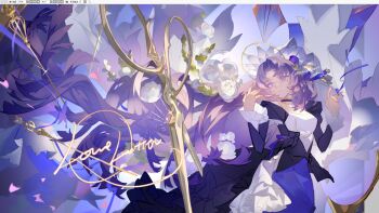 1girl bow breasts choker cowboy_shot dress english_text flower hair_bow hair_ornament hair_ribbon hands_up highres juliet_sleeves liulianjingrua long_hair long_sleeves mirror original parted_bangs parted_lips puffy_sleeves purple_dress purple_eyes purple_flower purple_hair ribbon scissors skirt solo very_long_hair white_dress white_flower