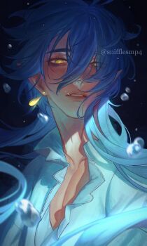 1boy absurdres air_bubble blue_hair bubble collarbone collared_shirt flins_(genshin_impact) genshin_impact gradient_hair hair_between_eyes hashtag-only_commentary highres lips long_hair looking_at_viewer male_focus multicolored_hair open_collar parted_lips portrait shirt snifflesmp4 solo teeth twitter_username very_long_hair white_shirt yellow_eyes